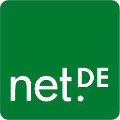 net.DE Logo mit weißem Schriftzug ‚net.DE‘ auf grünem quadratischen Hintergrund.