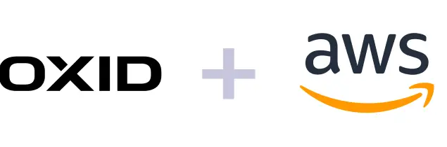 OXID eShop-Logo kombiniert mit Amazon Web Services (AWS)-Logo, symbolisiert Integration oder Hosting von OXID eShop in der AWS-Cloud.