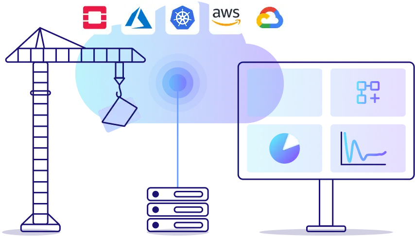 Illustration of a central cloud, connected with logos from OpenStack, Google Cloud Platform, Amazon Web Services (AWS) and Microsoft Azure, supplemented by symbols for databases, security and performance - symbolizing flexible multi-cloud integration.