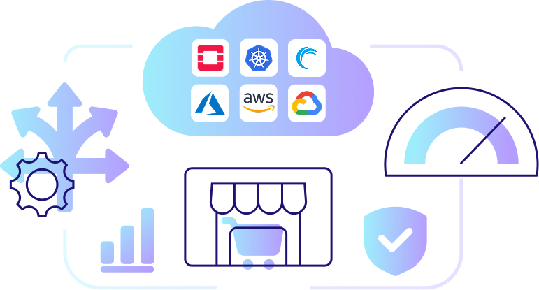 Illustration of a cloud architecture with various connected elements such as e-commerce, infrastructure, performance analysis and multi-cloud integrations with Azure, AWS, Google Cloud and OpenStack - symbolizing a networked cloud solution.