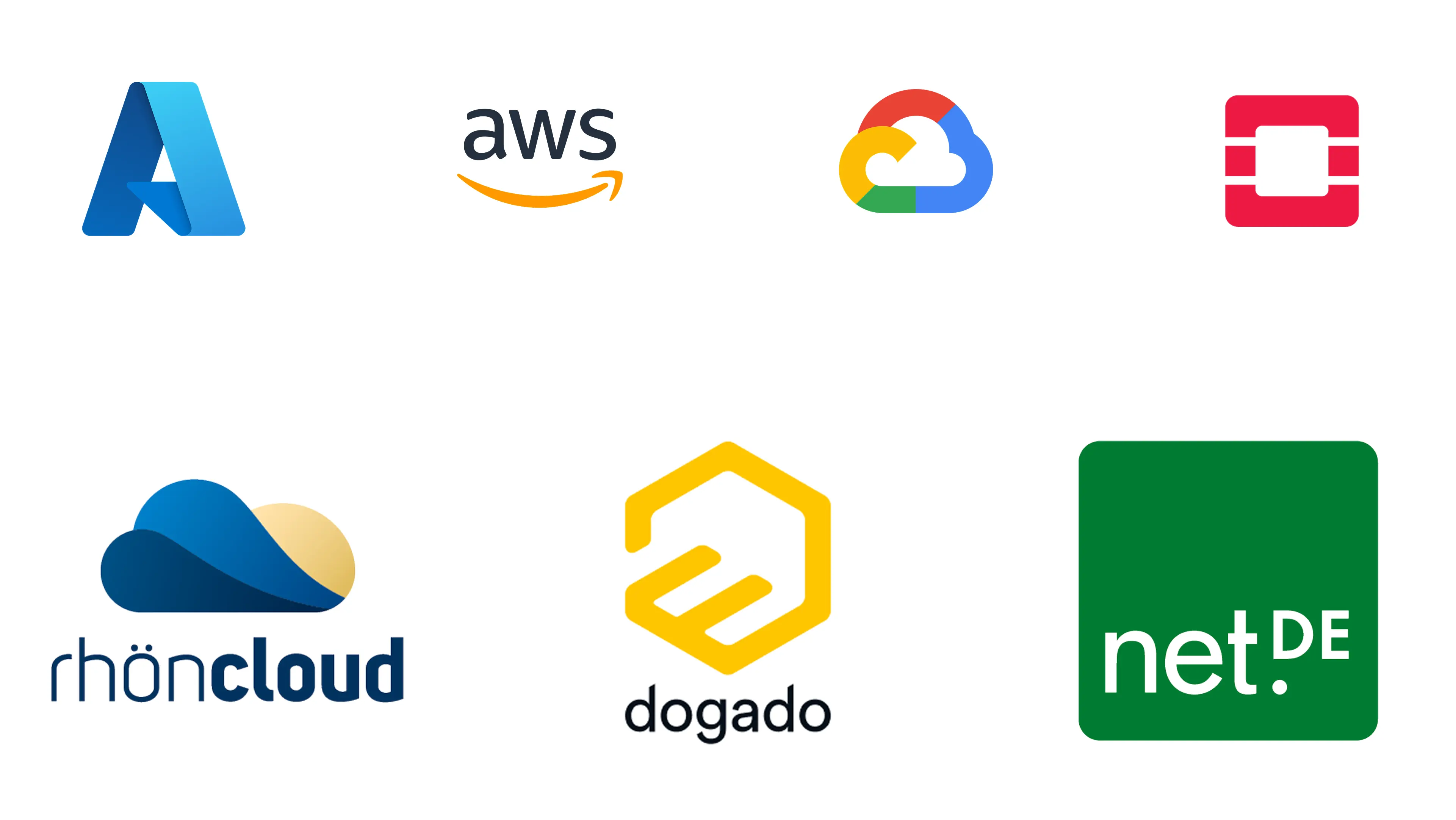 Sammlung von Cloud- und Hosting-Anbieter-Logos, darunter Microsoft Azure, AWS, Google Cloud, OpenStack, rhöncloud, dogado und net.DE
