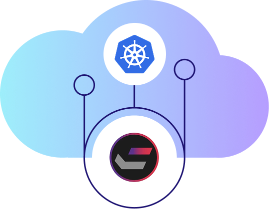 Illustration einer Cloud mit Kubernetes-Logo oben und HCL Commerce-Logo unten, verbunden durch Linien – Symbol für die Integration von HCL Commerce in eine Kubernetes-Cloud-Umgebung