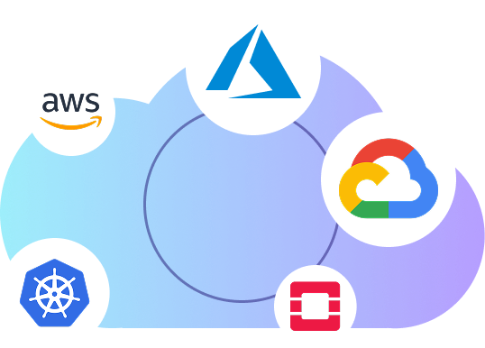 Illustration of a blue-purple cloud with cloud logos from AWS, Microsoft Azure, Google Cloud, OpenStack and Kubernetes