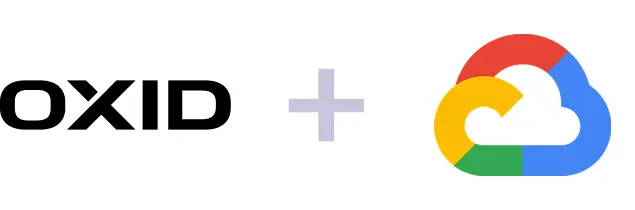 OXID eShop-Logo kombiniert mit Google Cloud Platform-Logo, symbolisiert Integration oder Hosting von OXID eShop in der Google Cloud.