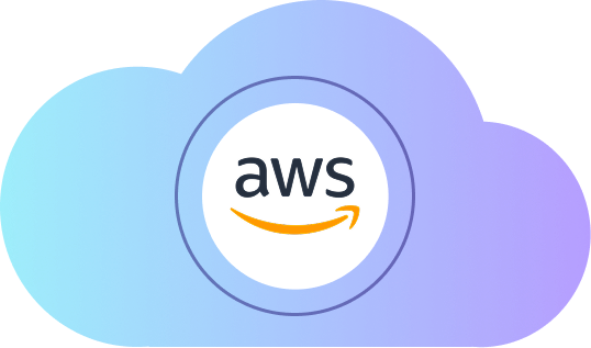 AWS logo in a blue cloud, symbol for Amazon Web Services cloud solutions