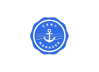 Cert Manager logo in blue, round seal style with anchor and waves in the middle, symbol for certificate management