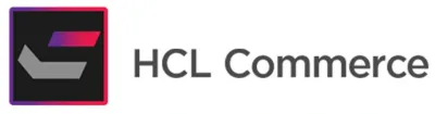 HCL Commerce Logo mit stilisiertem Symbol auf schwarzem Hintergrund und dem Schriftzug ‚HCL Commerce‘ in grauer Schrift.