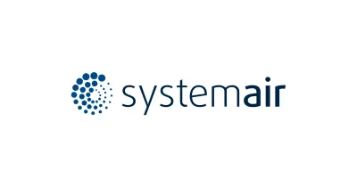 Systemair Logo in Dunkelblau mit stilisiertem Kreis aus Punkten links vom Schriftzug – Symbol für den Hersteller von Lüftungs- und Klimatechniksystemen